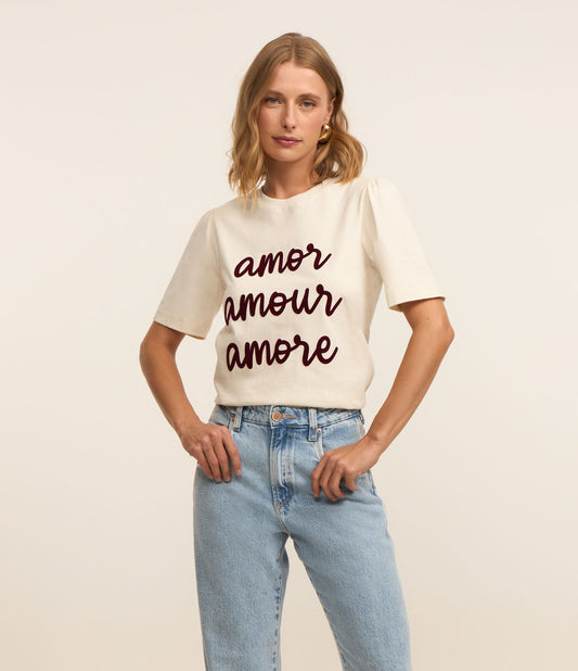 Camiseta Slim Fit com Estampa Love em Branco