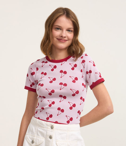 Blusa Jacquard com Gola Contrastante e Estampa de Cereja Rosa