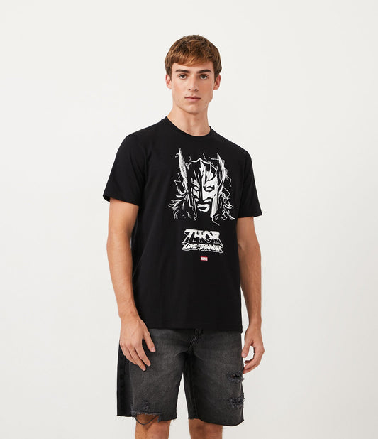 Camiseta preta em meia malha com estampa de Thor: Love and Thunder