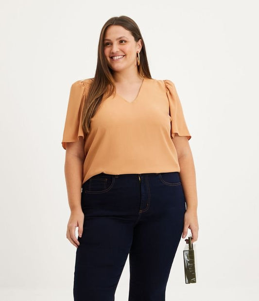 Blusa básica de crepe com mangas bufantes, Curve & Plus Size, bege