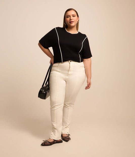 Jeans skinny con spacco e bottoni, Curve e taglie forti, bianco sporco