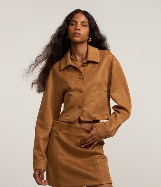 Short Brown Suedine Jacket with Front Pockets