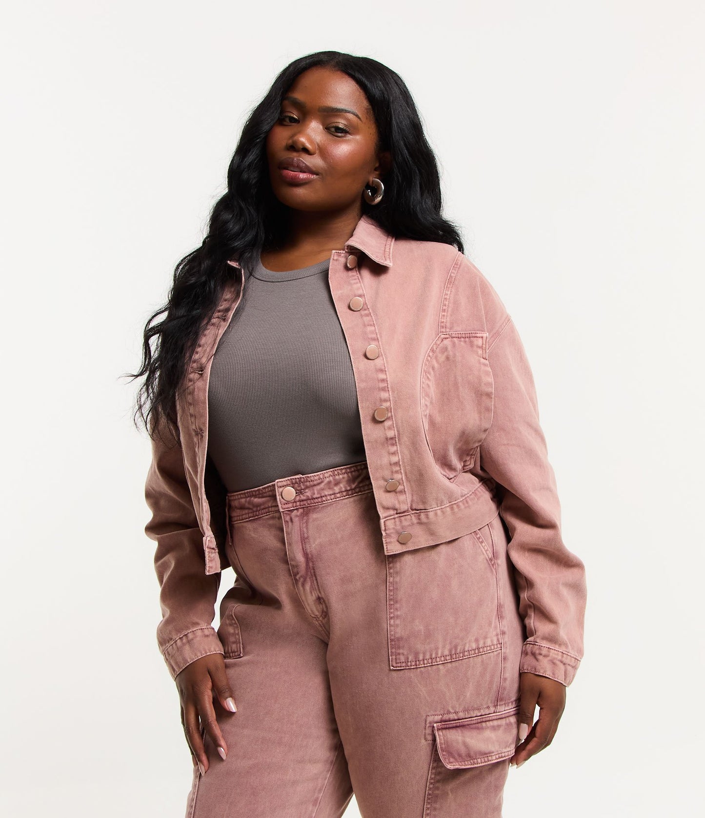 Jaqueta bomber de brim cationized em tamanhos curvos e grandes - rosa