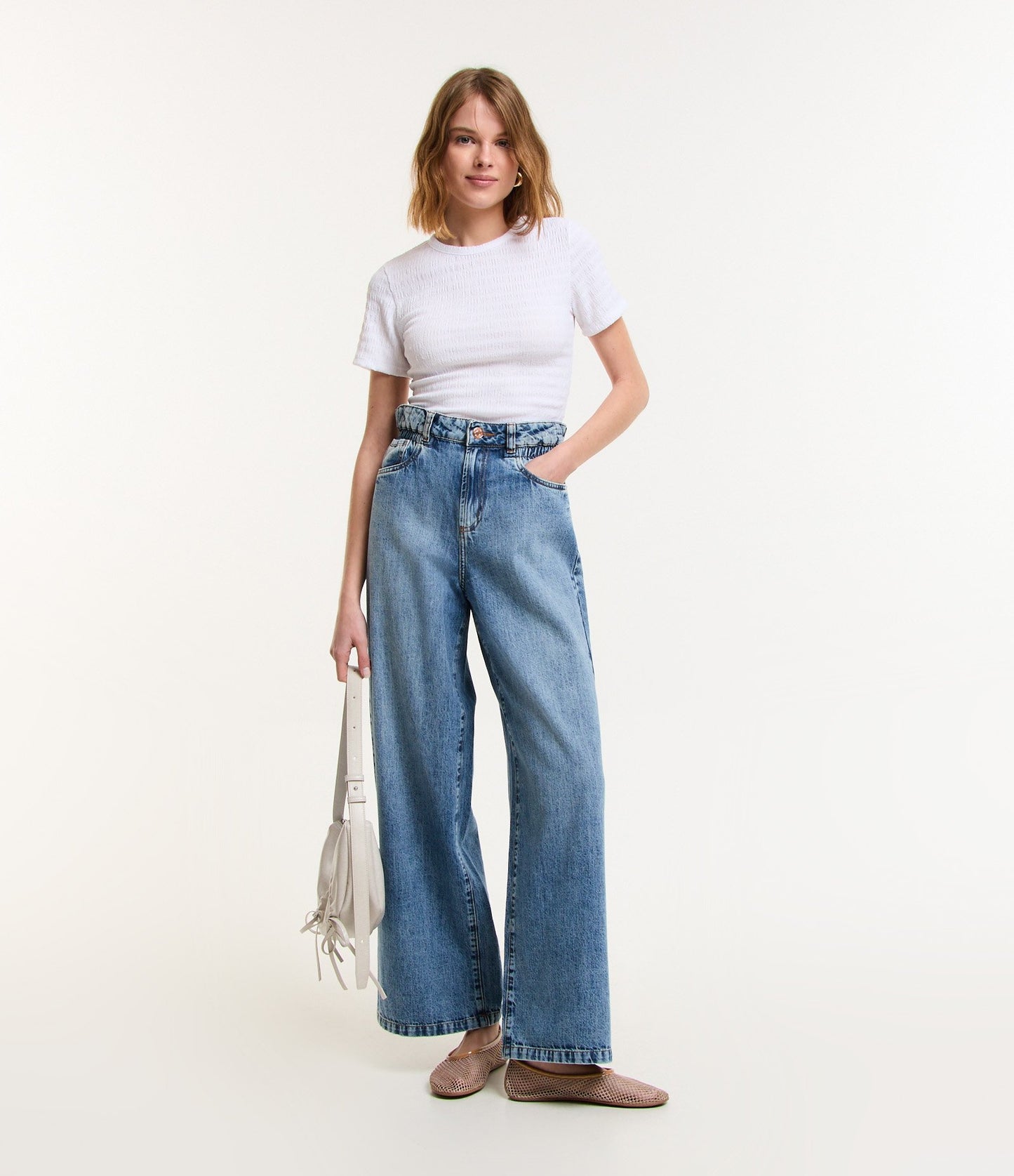 Jeans Marbled de perna larga com cintura de saco de papel azul