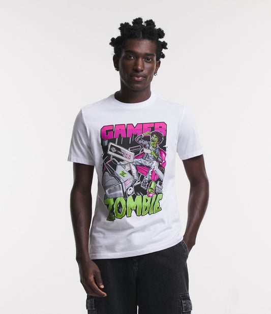 Regular Fit T-Shirt in Half-Mesh with White Zombie Gamer Print