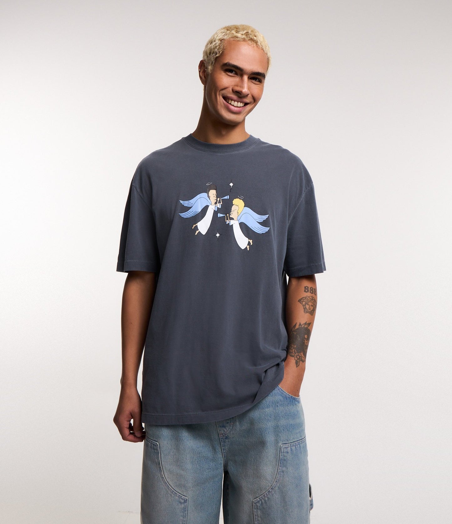 Gray Relaxed Cotton T-Shirt with Beavis and Butt-Head Print