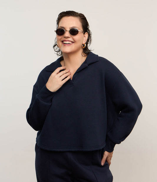 Felpa in pile blu navy con colletto a polo - Curve e taglie forti