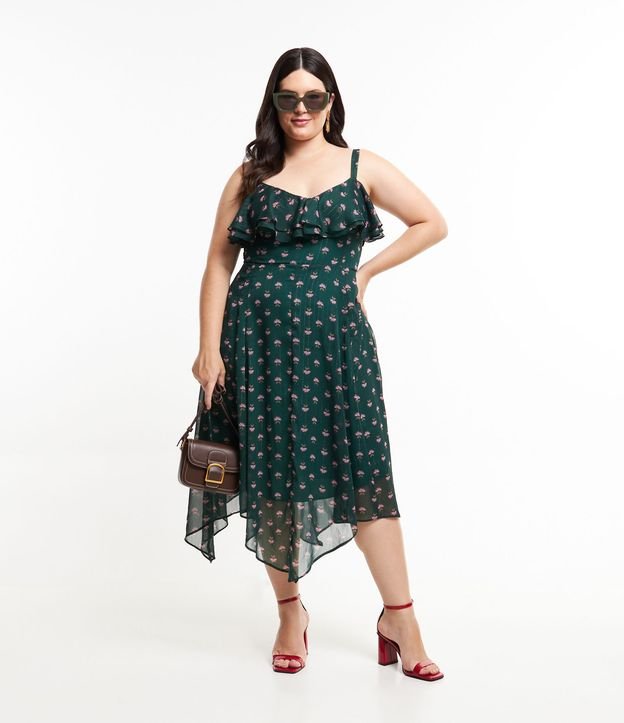 Vestido midi de gasa con estampado floral verde oscuro y volantes asimétricos - Tallas grandes y curvas