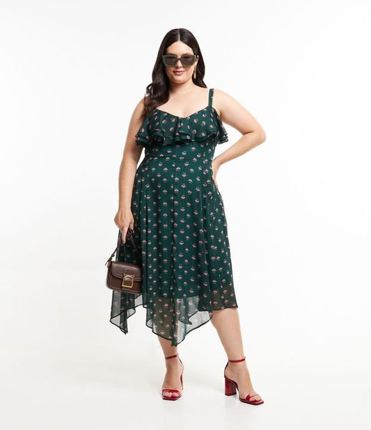 Vestido midi de gasa con estampado floral verde oscuro y volantes asimétricos - Tallas grandes y curvas