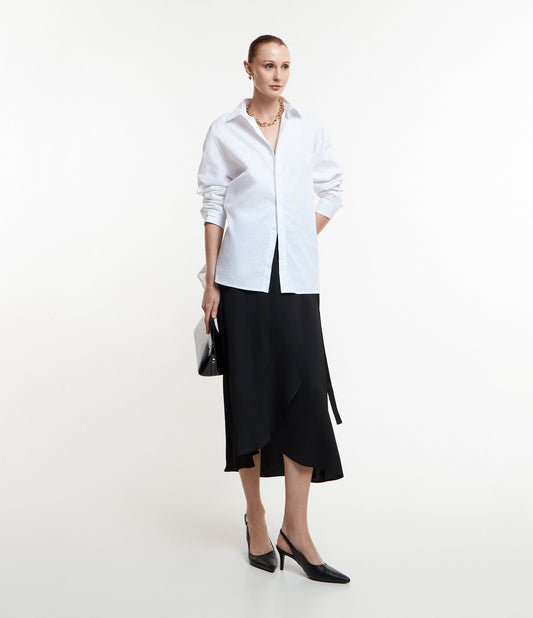New Black Satin Textured Wrap Midi Skirt