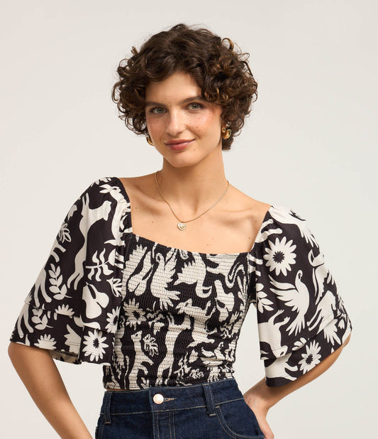 Off-Shoulder Blouse with Layered Sleeves and Black/White Animal Print
