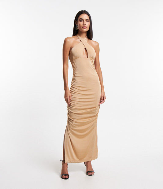 Nuovo abito midi con sottile lucentezza e scollatura a farfalla in beige