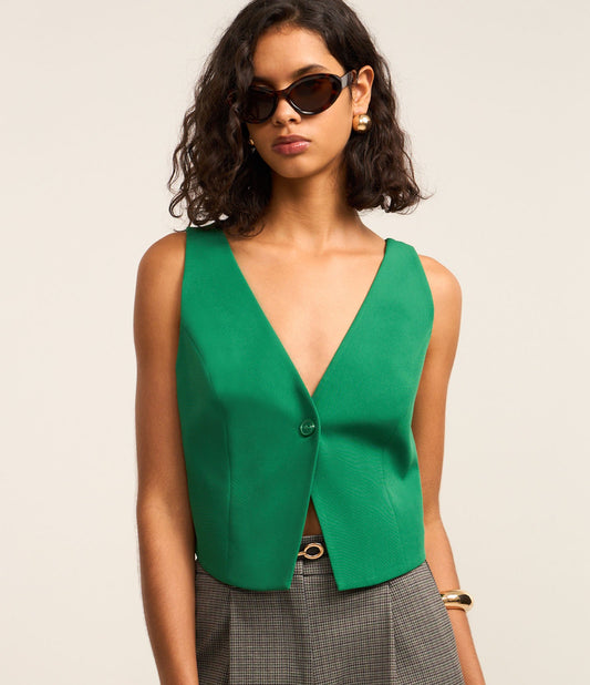 Tailored Vest-Style Blouse in Green Crepe with Thin Straps at the Back