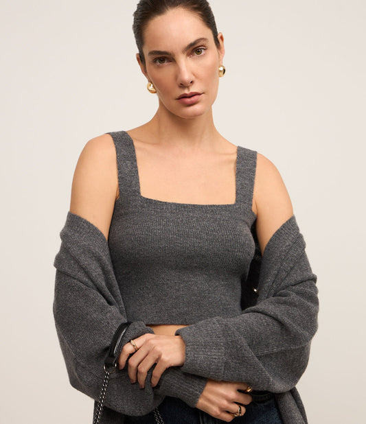 Gray Knit Top with Square Neckline and Wide Straps
