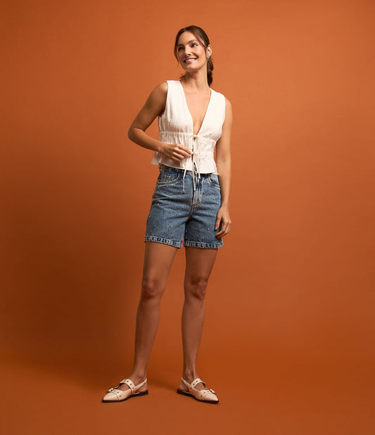 Women's Medium Blue Embroidered Denim Bermuda Shorts with Shine