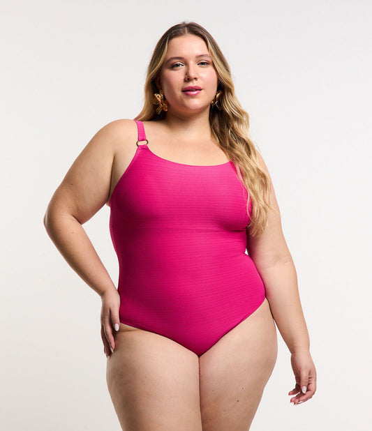 Costume da bagno in poliammide testurizzato dal taglio dritto con dettagli di cinturino, Curve e taglie forti, rosa