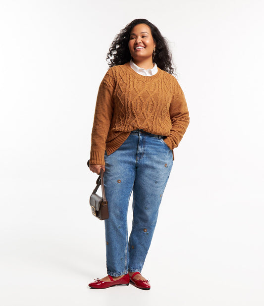 Jeans Mom com flores bordadas, Curve e Plus Size, azul