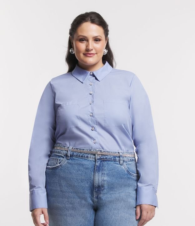 Camicia tricolore blu con tasche e bottoni in strass - Curve e taglie forti