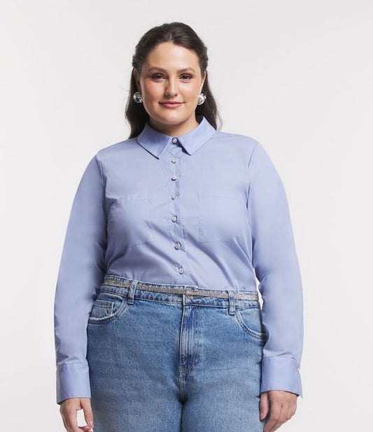 Camicia tricolore blu con tasche e bottoni in strass - Curve e taglie forti