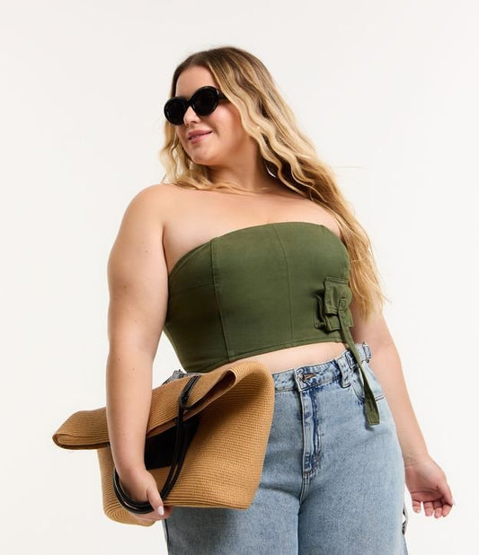 Camicetta verde in twill con tasca cargo - Curve e taglie forti