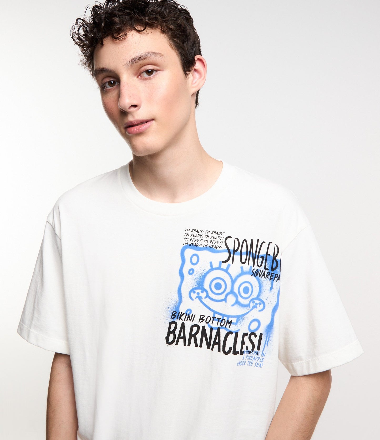 Boxy T-Shirt in Knit Fabric with SpongeBob Print - White