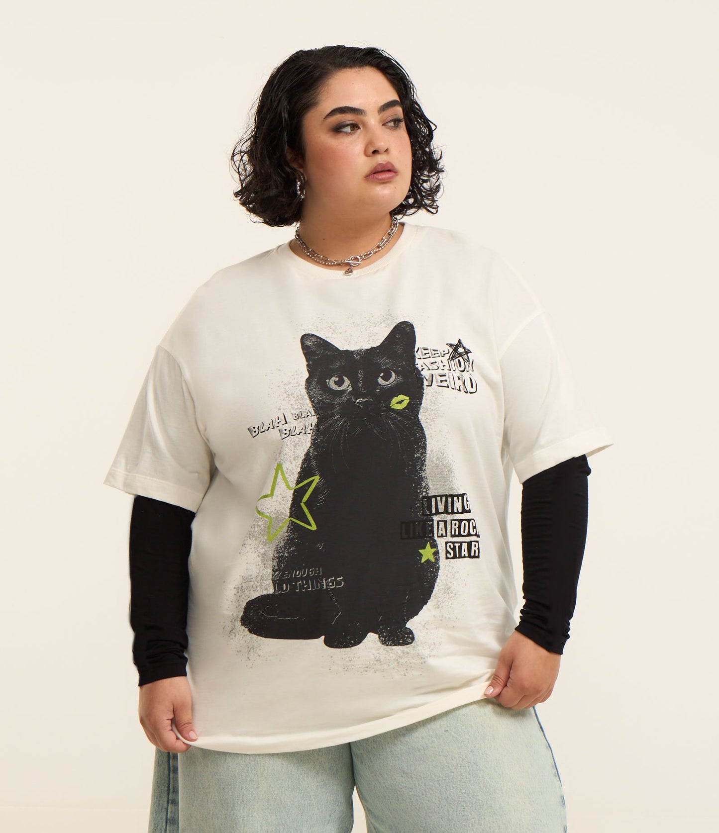 Camiseta blanca de algodón con estampado de gato, Curve & Plus Size