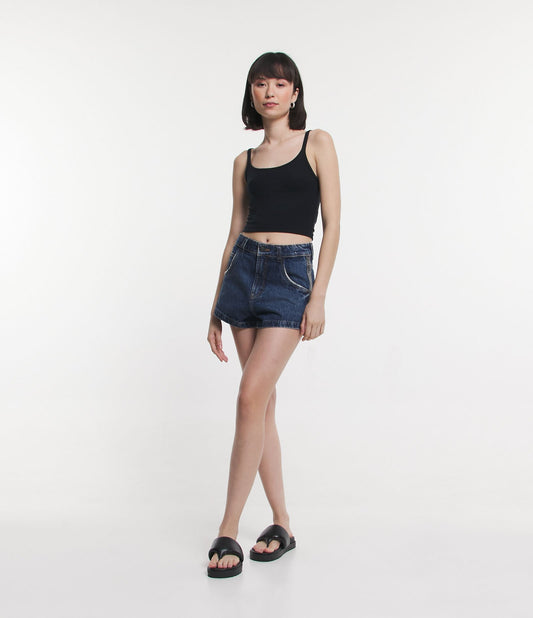 Shorts jeans de cintura alta com bolso exclusivo e listras laterais brilhantes em azul