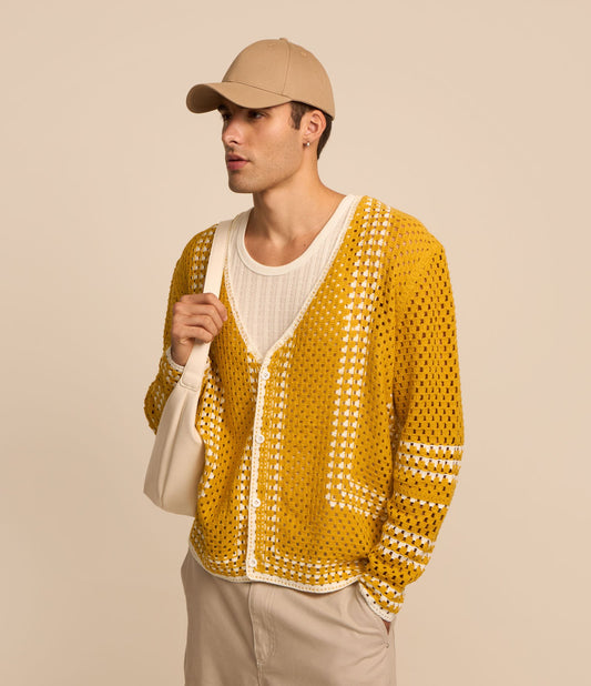 Yellow Relaxed Textured Crochet-Effect V-Neck Shirt