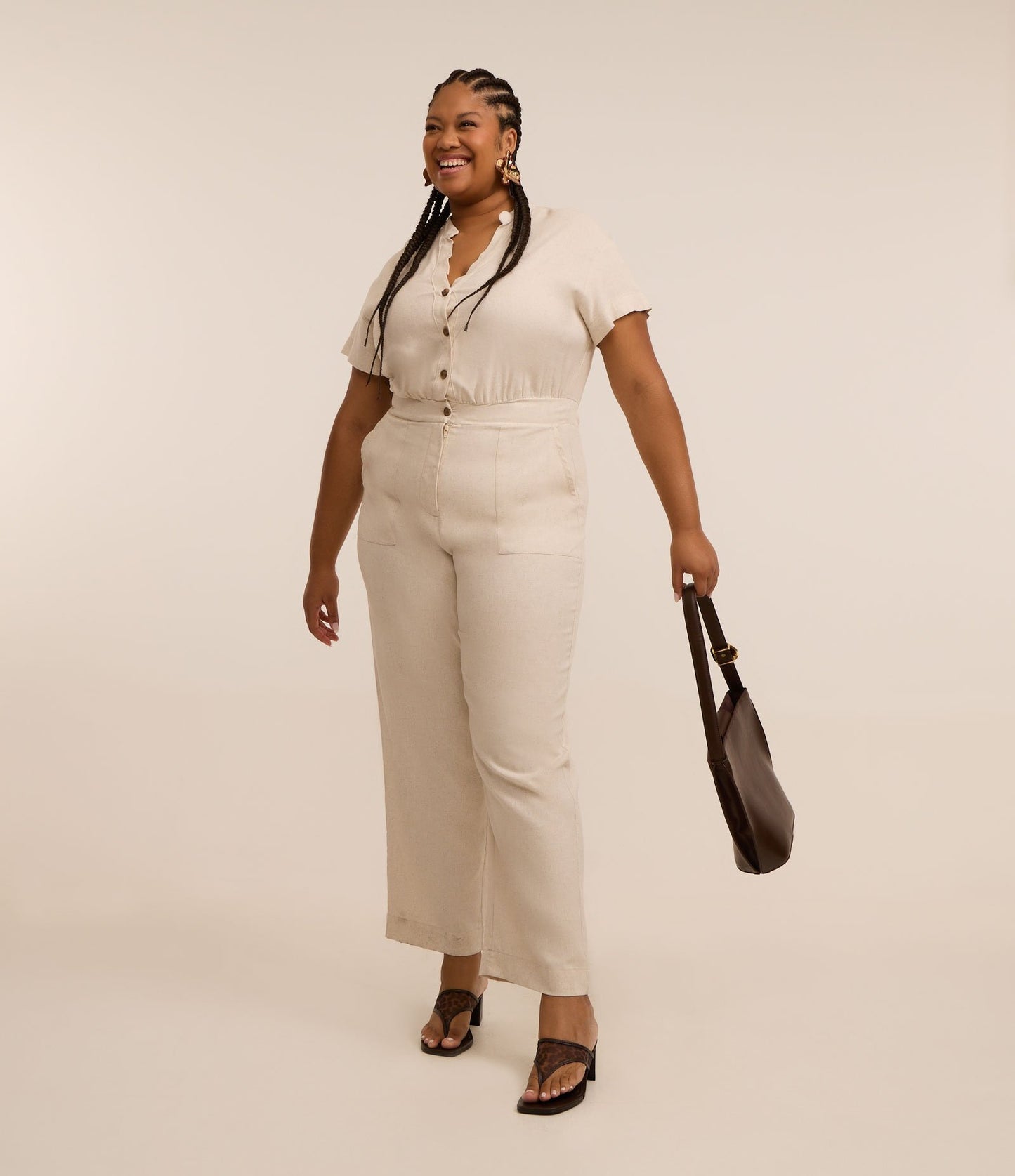 Macacão com linho e botões contrastantes, Curve & Plus Size, Off White