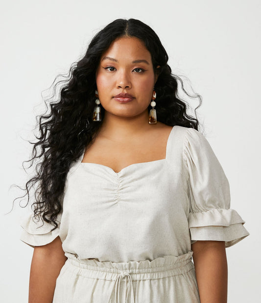 Blusa curta de linho com mangas com babados, Curve & Plus Size, Off White