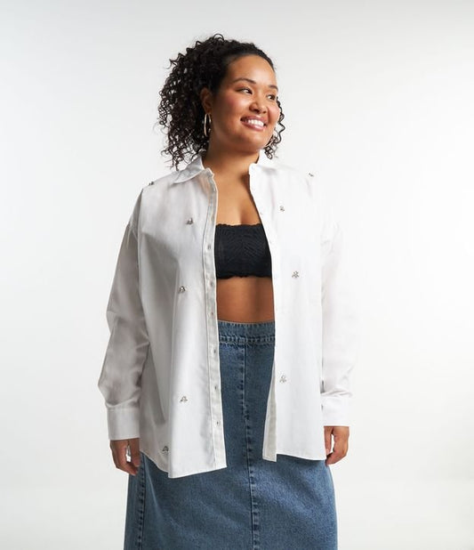 Camisa Tricoline con Detalles Brillantes, Curvas y Tallas Grandes, Blanco Nieve
