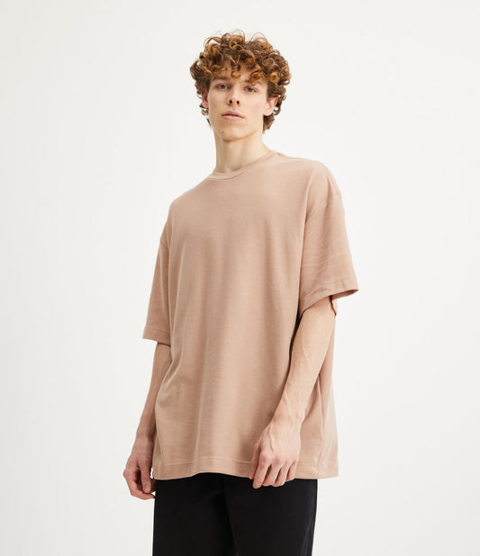 Light Brown Oversized Waffle Textured Cotton T-Shirt with Short Sleeves