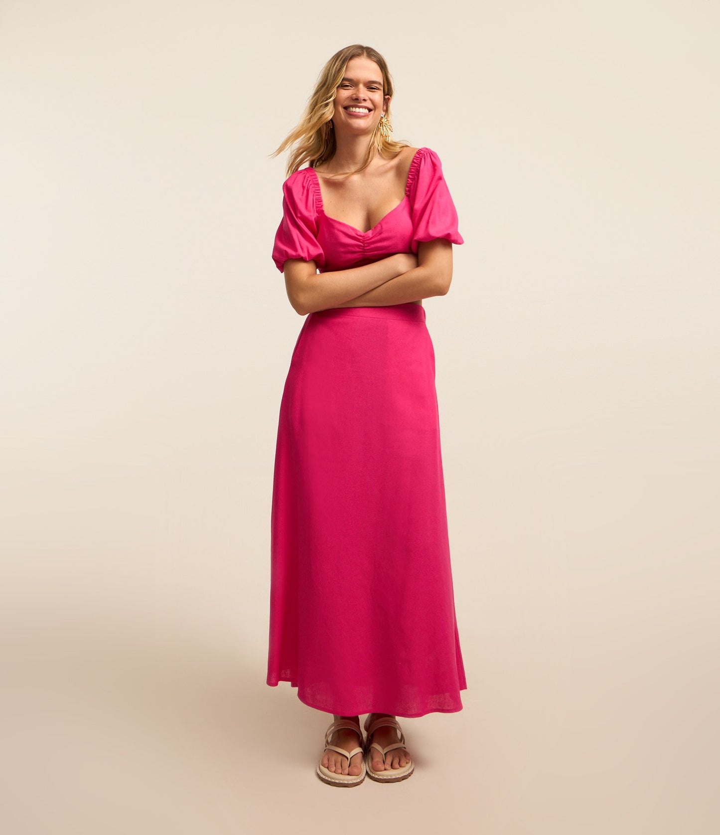 New Pink Midi Skirt in Tricoline with Elastic Waistband (Saia midi rosa em tricoline com elástico na cintura)