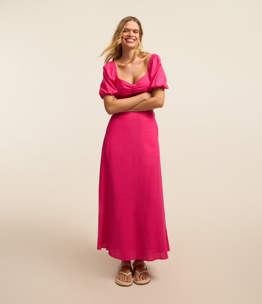 New Pink Midi Skirt in Tricoline with Elastic Waistband (Saia midi rosa em tricoline com elástico na cintura)