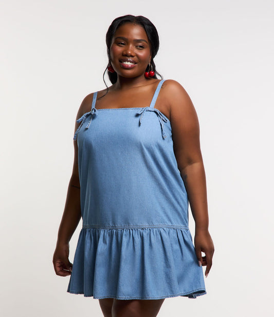 Vestito corto in denim leggero con fiocchi, Curve e taglie forti, blu
