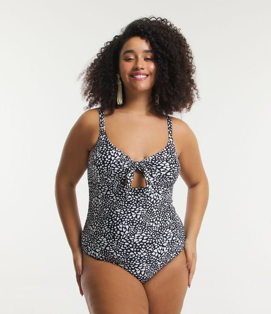 Maiô de poliamida com detalhe de recorte e estampa de coração, Curve & Plus Size, preto/branco