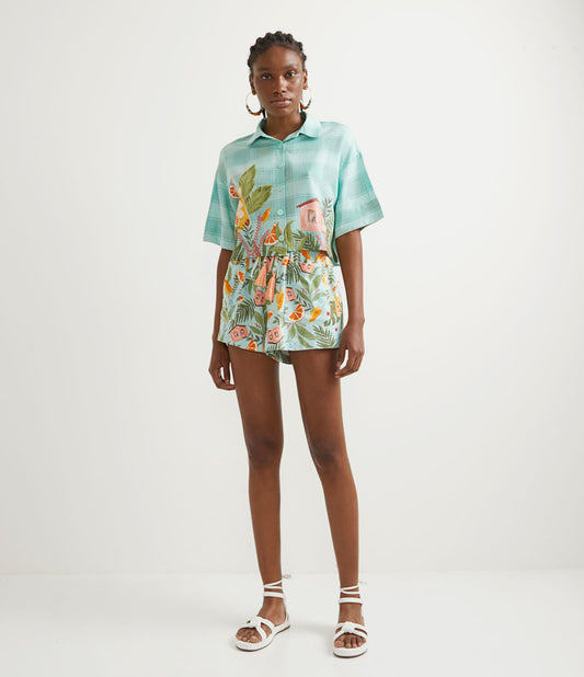 Pantaloncini Clochard in lino con stampa Paradise, elastico in vita e cravatta blu