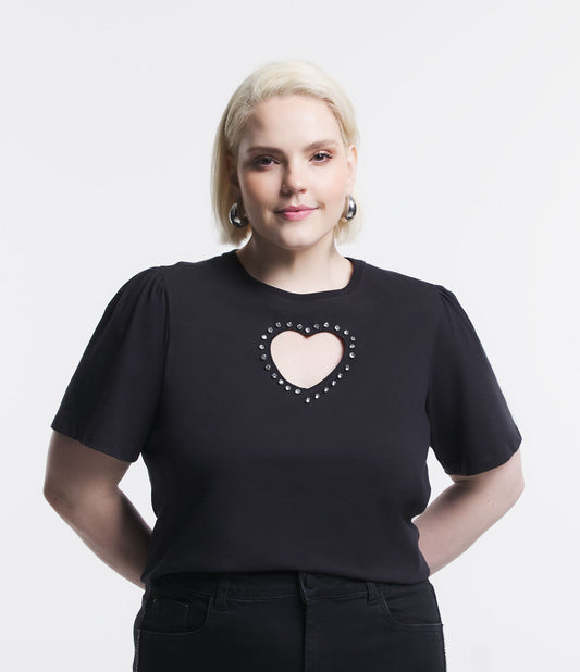 Blusa de manga curta em tecido de malha com coração recortado e glitter preto