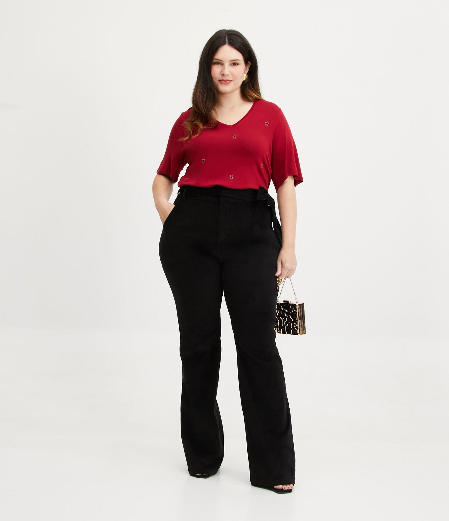 Pantalones acampanados de terciopelo negro con cinturón - Tallas grandes y curvas