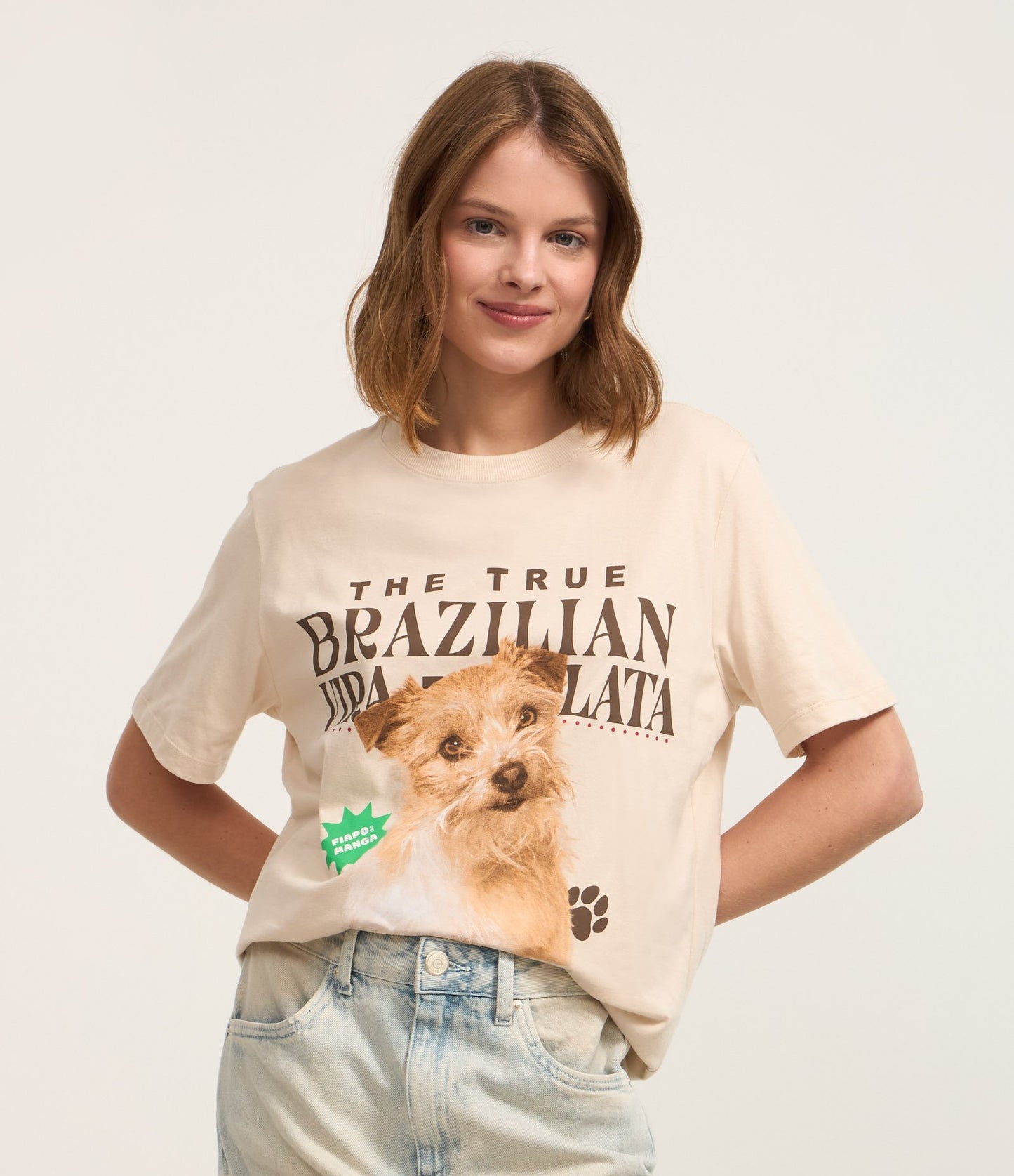 Maglietta in cotone beige con stampa Fiapo Mutt