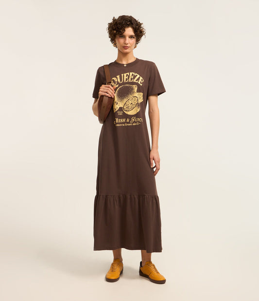 Vestido longo midi de algodão com estampa Squeeze e saia marrom com babados