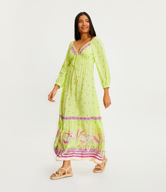 Vestido longo de viscose com estampa de bananas e floral em verde