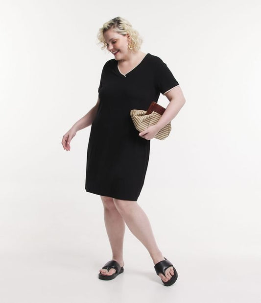 Vestido de viscosa con detalle de punto en el escote y las mangas, Curvas y tallas grandes, Negro