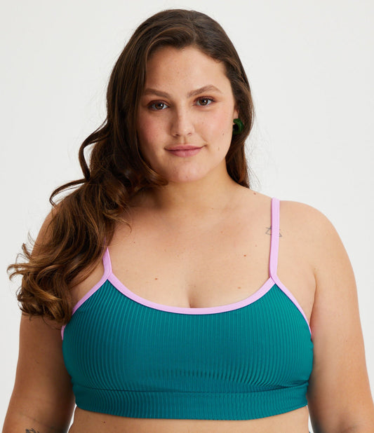 Top bikini dritto in poliammide testurizzata blu con bordi a contrasto - Curve e taglie forti