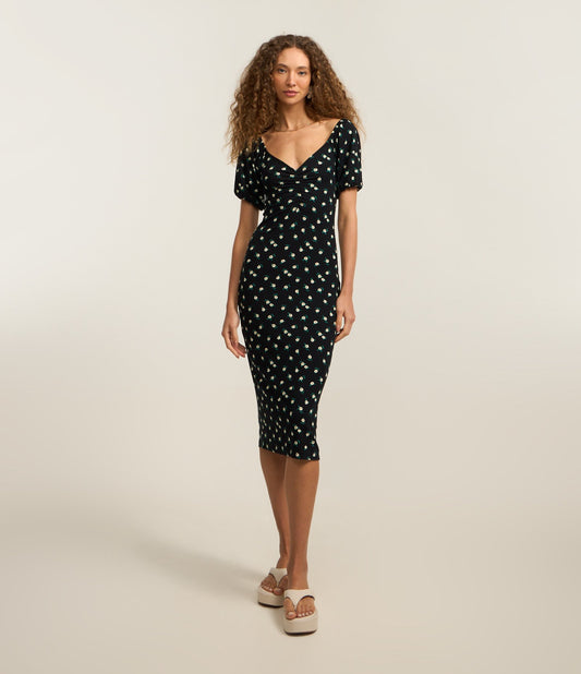 Vestito midi a coste con stampa floreale Liberty nero