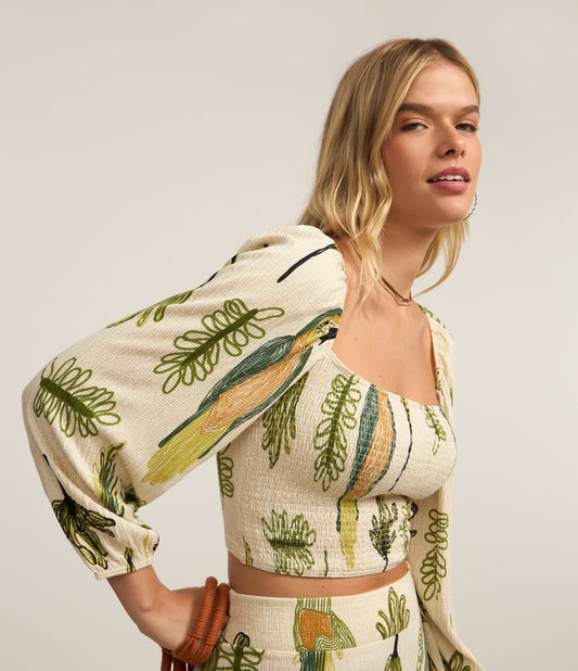 Blusa Cropped Texturizada com Estampa de Folhas Bege/Verde