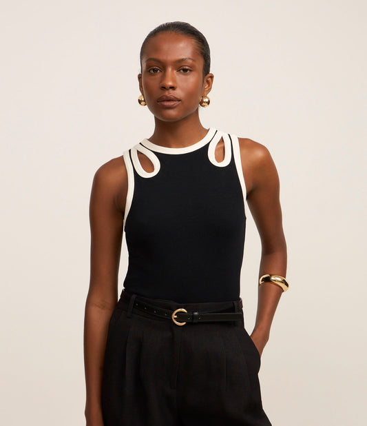 Ribbed Blouse with Black Contrast Keyhole Cutout
