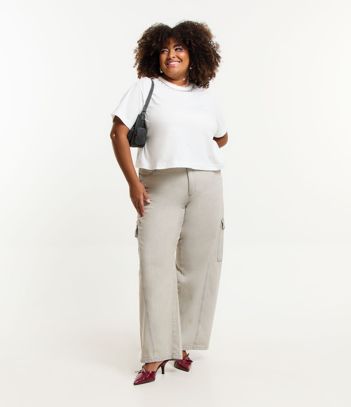 Vaqueros de pata ancha con bolsillo Cargo lateral, Curvas y tallas grandes, Gris