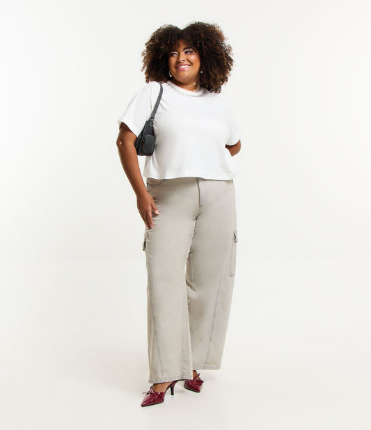 Vaqueros de pata ancha con bolsillo Cargo lateral, Curvas y tallas grandes, Gris