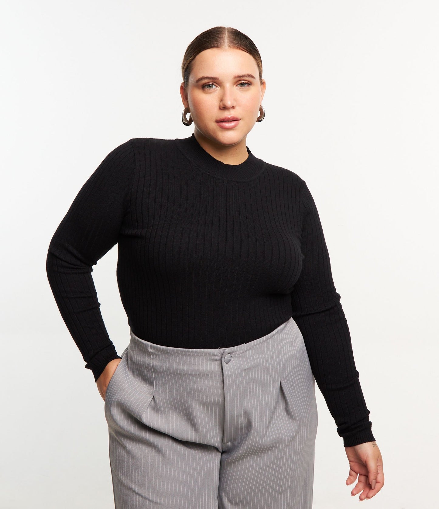 Jersey de punto acanalado en negro - Tallas grandes y curvas
